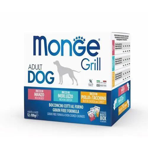 Hete Deal MONGE Grill Adult Dog 12x100g kapsičky pro pro dospělé psy hovězí/treska/kuřecí a krůtí