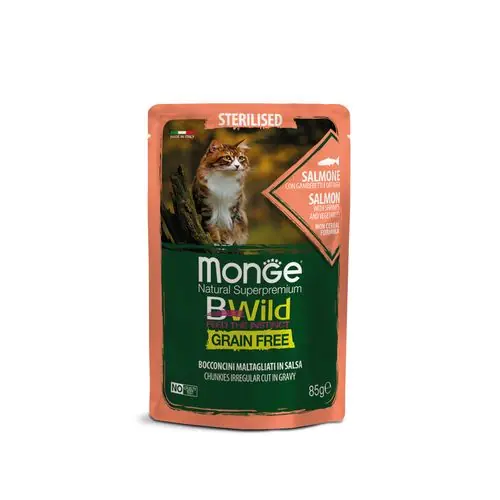 Meest Verkocht MONGE BWild Cat Grain Free Sterilised 85g kapsička pro sterilizované kočky losos s krevetami a zeleninou
