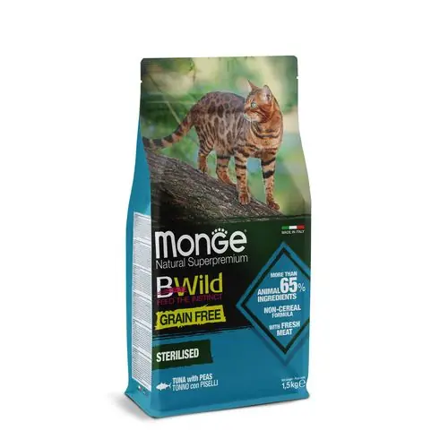 Gecertificeerd MONGE BWild Cat Grain Free Sterilised 1,5kg bezobilninové kompletní krmivo pro sterilizované dospělé kočky s tuňákem a hráškem
