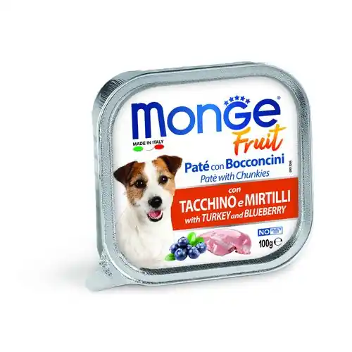 MONGE Fruit Paté and Chunkies 100g paštika s krůtími kousky a borůvkami pro dospělé psy Koop Vandaag
