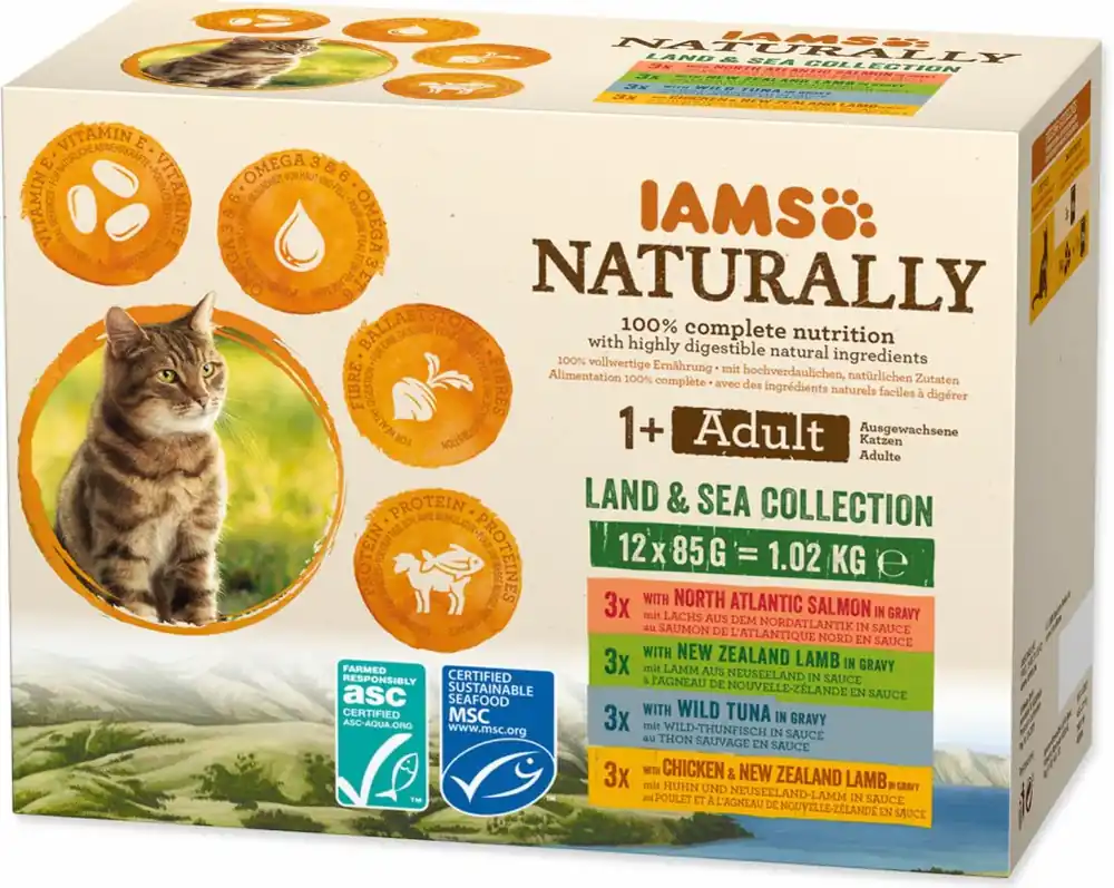 Direct Verzonden Iams Cat Adult Naturally kapsa Land&Sea in gravy12x85g