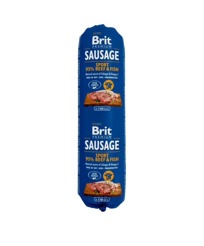 Goedkoop Brit Sausage Beef&Fish-Sport Formula 800g - Masový salám pro psy