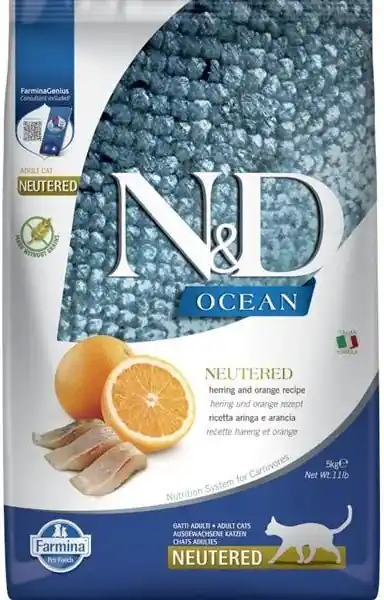Merkproduct N&D OCEAN CAT NEUTERED Adult Herring & Orange 5kg–kastrované kočky, sleď