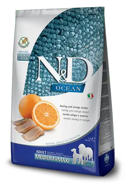 N&D OCEAN DOG Adult M/L Herring & Orange 2,5kg–sleď a pomeranč pro střední psy Betrouwbaar
