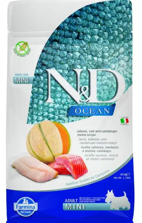 N&D OCEAN DOG Adult Mini Salmon & Cod & Melon 800g–mini krmivo losos, meloun Uitverkoop