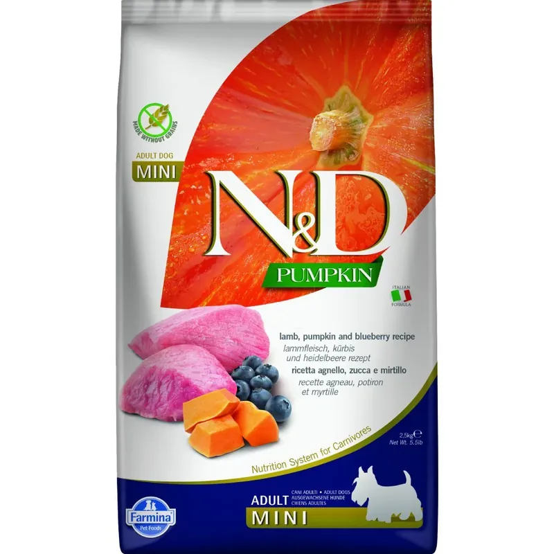 N&D Pumpkin DOG Adult Mini Lamb & Blueberry 2,5kg – mini jehněčí s borůvkami Gratis Retour
