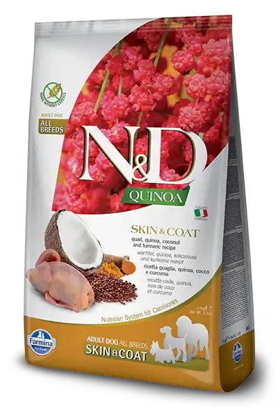 N&D Quinoa DOG Skin & Coat Quail all breeds 2,5kg – podpora srsti, křepelka Gratis Retour