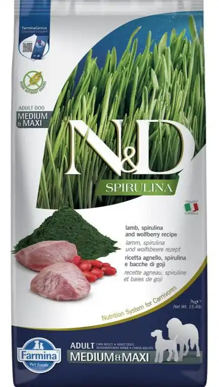 Gratis Retour N&D SPIRULINA DOG Adult M/L Lamb & Wolfberry 7kg – jehněčí a kustovnice pro velké psy