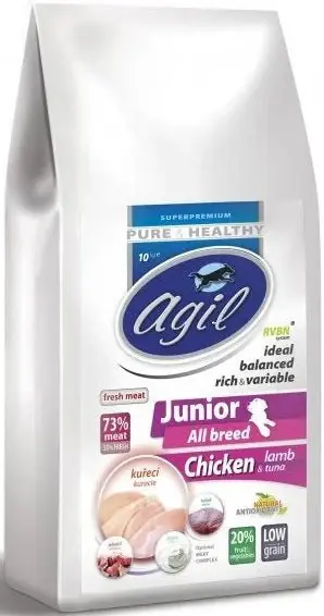 Gecertificeerd Agil Junior All Breed Low Grain Chicken, Lamb, Tuna 2kg – krmivo pro štěňata s nízkým obsahem obilovin