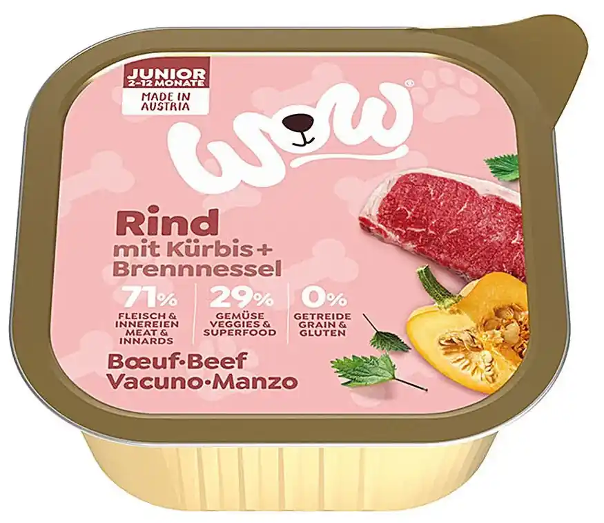 WOW Hovězí s dýní Junior paštika 150g – Výživná hovězí paštika s dýní pro štěňata. Nu Kopen