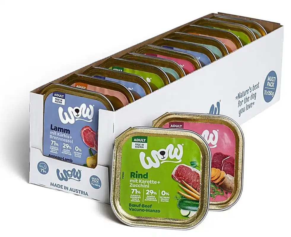 Nieuw WOW Multipack paštiky 11x150 g – Výhodné balení paštik pro psy s různými příchutěmi.
