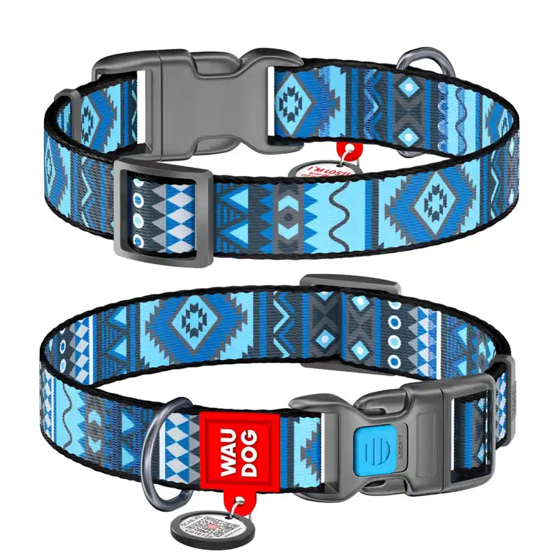 Koopje WAUDOG obojek nylonový Ethno Blue QR (37-58cm/2,5cm)