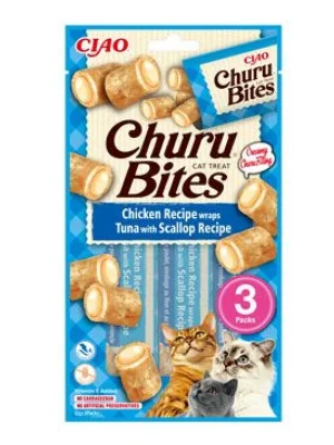 Snelle Levering Churu Cat Bites Chicken wraps&Tuna Scallop Purée 3x10g